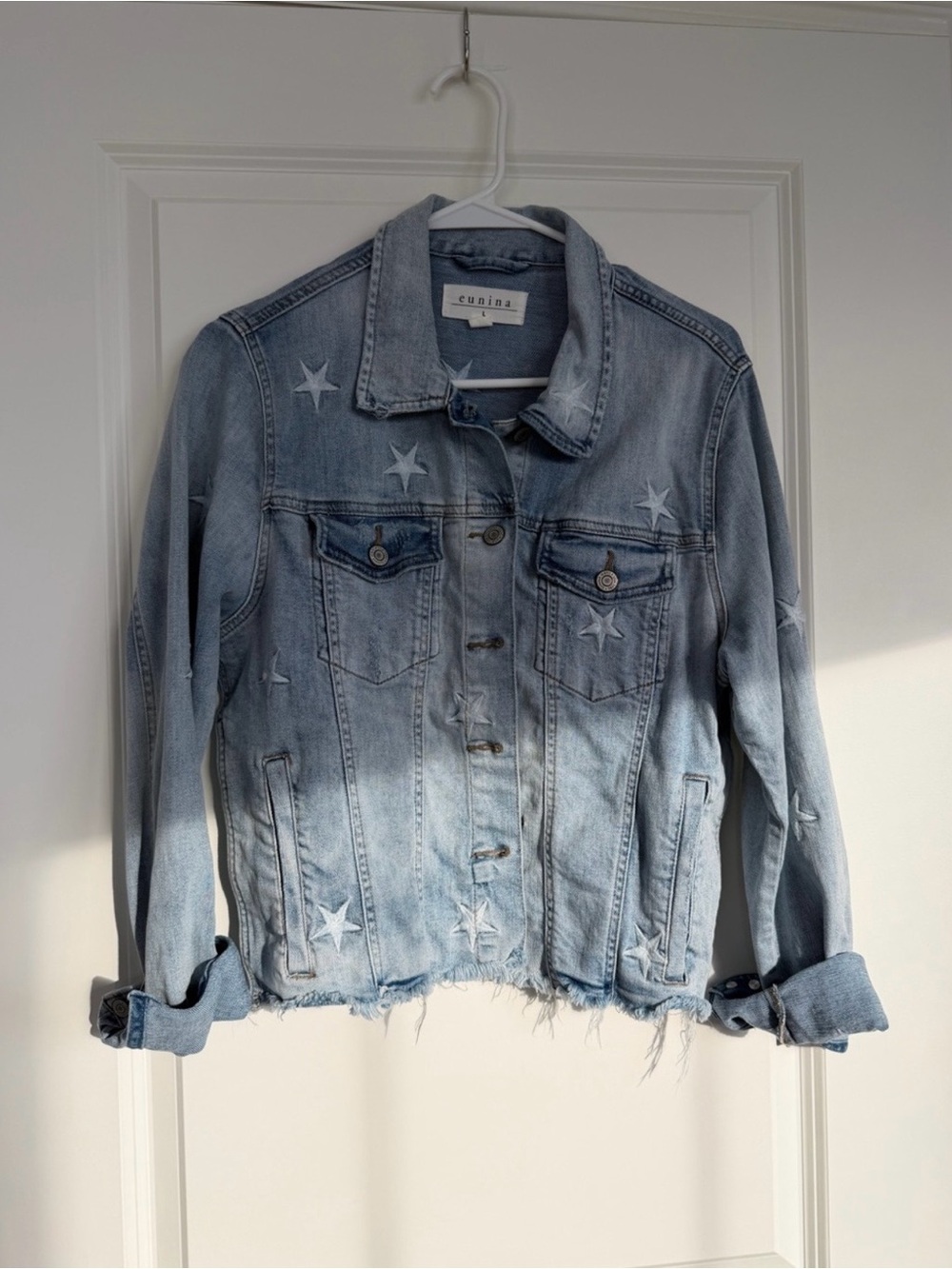 Freckled Poppy eunina Light Blue Denim Star Embroidered Denim Jacket button up